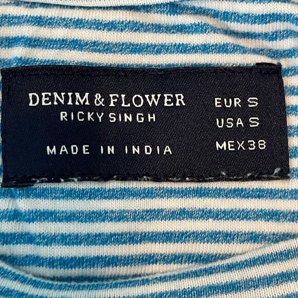 Denim‎ & Flower Palm Tree Embroidered Striped Tee Blue White Knit S - Picture 5 of 9